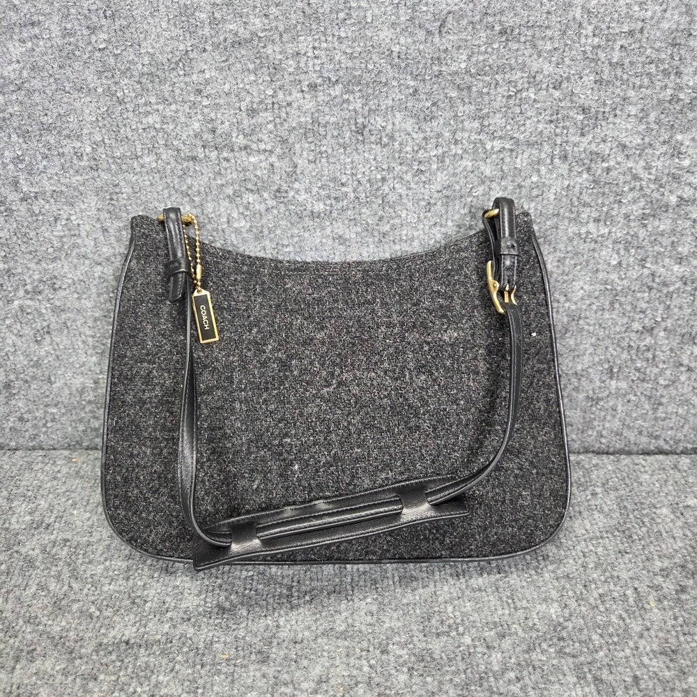 Coach Small Hobo Shoulder Bag Charcoal Gray Wool Tweed Black Leather 8308 Y2K